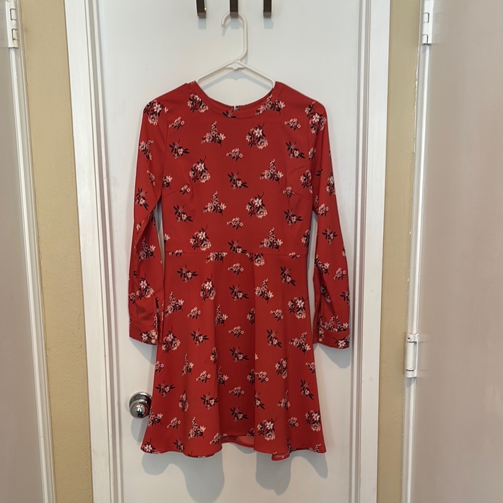 LOFT Red Fit and Flare Dress with Cuffed Long Sleeves